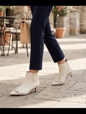 Women's Cream Pointed-Toe Buckle Ankle Boots